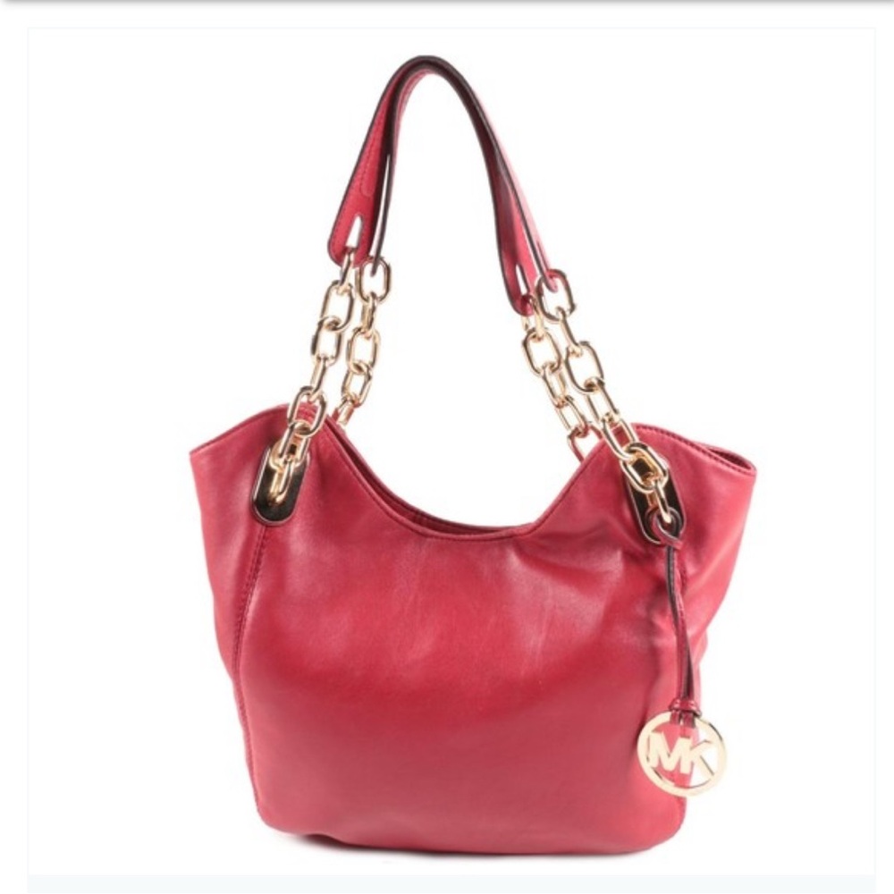 Michael Kors Lily Red Lambskin Leather Gold tone Chain Straps Tote